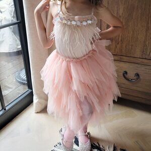 Tutu Du Monde Lk Bead Feather Pink Frilly Tulle Spagetti Strap Dress Sz 3t 4t 5t